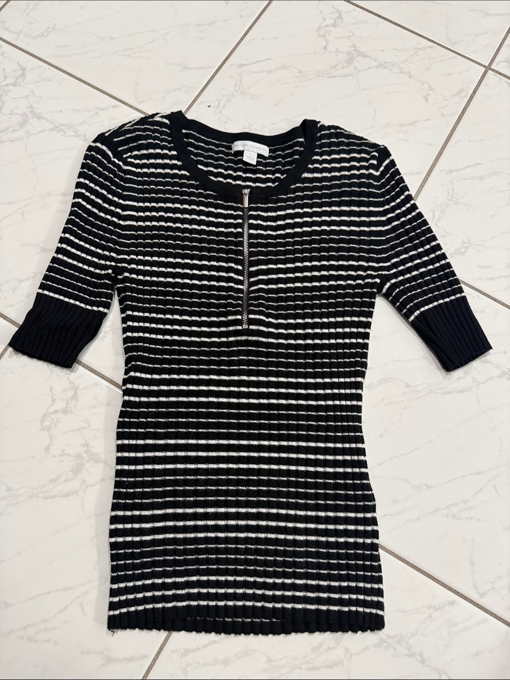New York & Company Black and White Striped Knit Midi Dress with Front Zip